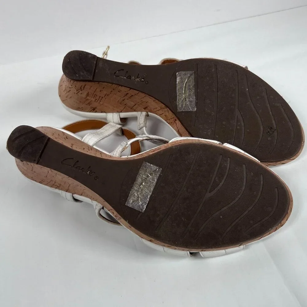 Clarks Bendables White Leather Sandals Wedge Cork‎ Heel Open Toe Womens 9